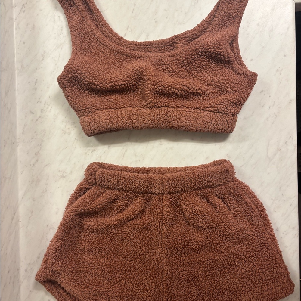Cozy Brown Fleece Crop Top and Shorts Set